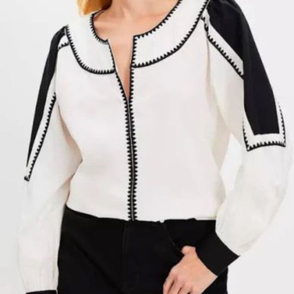 NWT LOFT Black and White Puff Sleeve Blouse Large